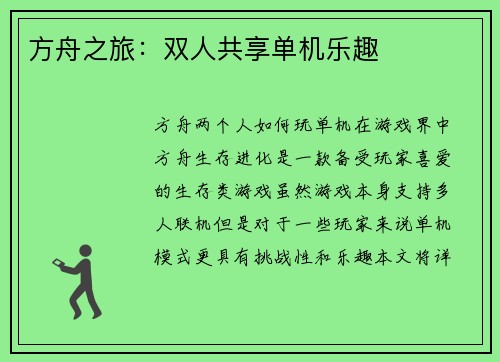 方舟之旅：双人共享单机乐趣